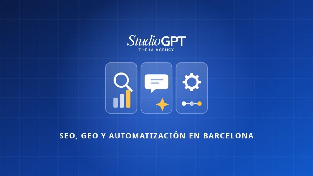 Tres iconos que representan SEO, GEO y automatización con IA en Barcelona