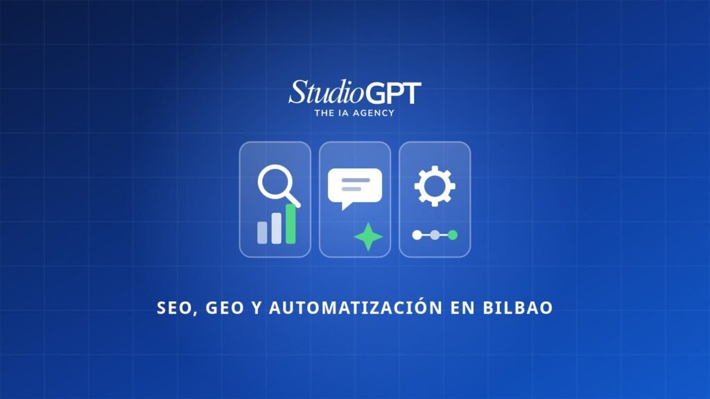 Tres iconos que representan SEO, GEO y automatización con IA en Bilbao