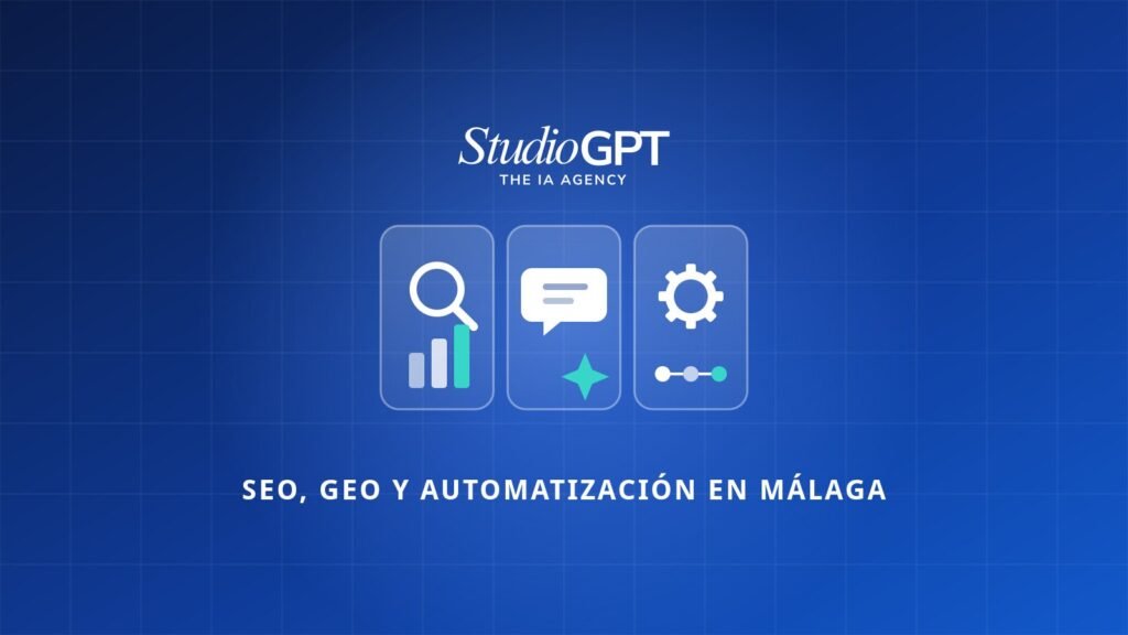 Tres iconos que representan SEO, GEO y automatización con IA en Málaga