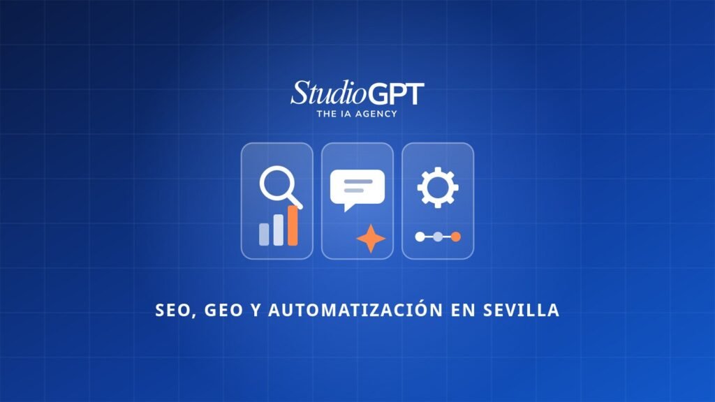 Tres iconos que representan SEO, GEO y automatización con IA en Sevilla