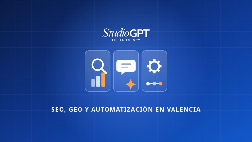 Tres iconos que representan SEO, GEO y automatización con IA en Valencia